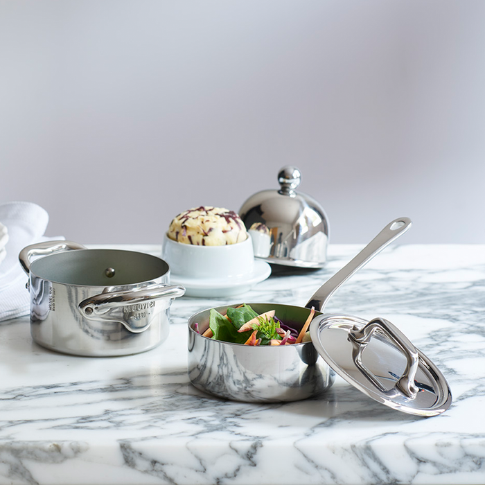 Mauviel M'MINIS copper sauté pan with cast stainless steel handle, 3.54 inches, ideal for chef cooking and sautéing.