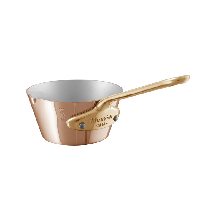 Mauviel M'MINIS splayed sauté pan with brass handle, 3.54-inch chef pan featuring a pouring edge for precise cooking.
