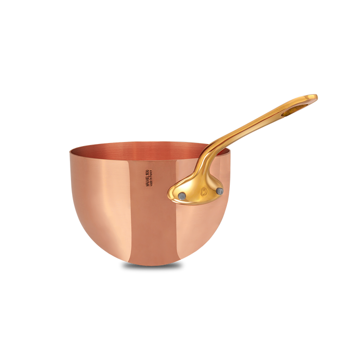 Mauviel M'PASSION copper zabaglione pot with brass handles, specialty cookware for making creamy dessert sauces.
