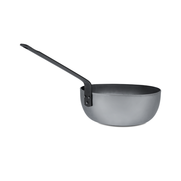 Mauviel M'STEEL black carbon steel chef pan with iron handle, shown from top view, ideal for professional cooking and sautéing.