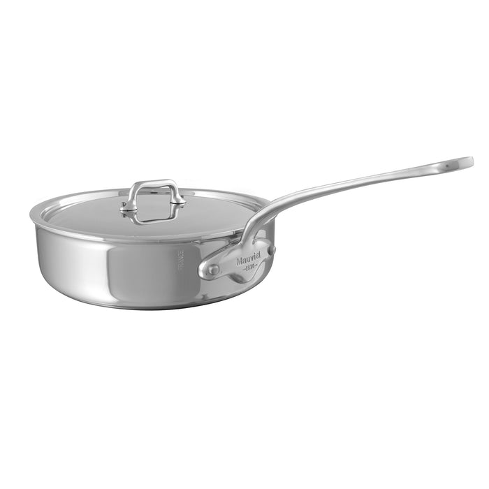 Mauviel M'URBAN 4 sauté pan with lid, cast stainless steel handle, showcasing a sleek stainless steel cookware design.