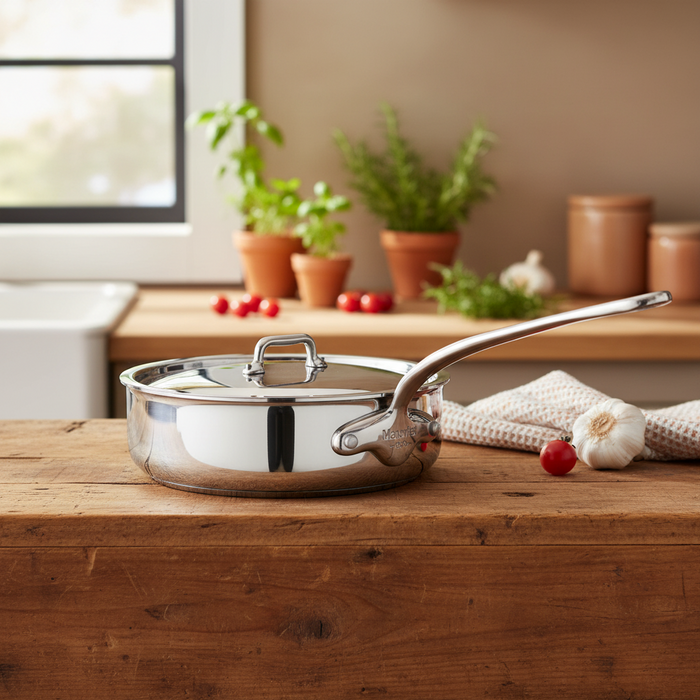 Mauviel M'URBAN 4 Saute Pan with lid, cast stainless steel handle, stainless steel cookware for sautéing and cooking.