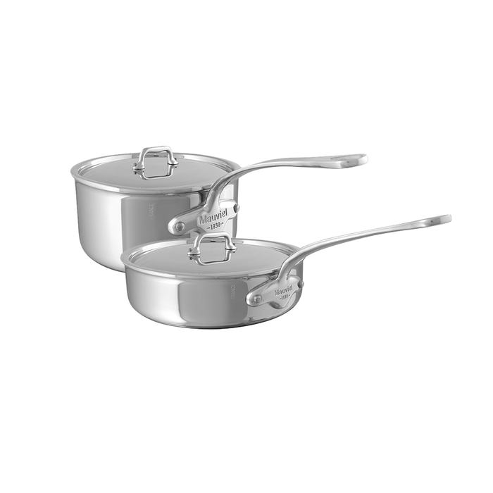Mauviel M'URBAN 4 Tri-Ply stainless steel cookware set with 2.6-Qt sauce pan and 3.2-Qt sauté pan with cast stainless steel handles