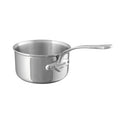 Mauviel M'URBAN 4-quart tri-ply stainless steel sauce pan with cast stainless steel handle on a stovetop.