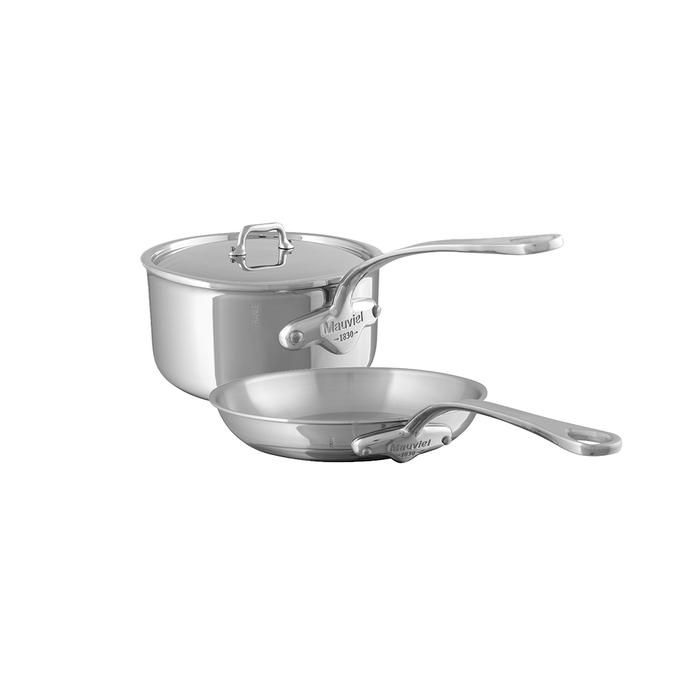 Mauviel M'URBAN 4-piece tri-ply cookware set with 1.2 Qt sauce pan and 7.9-inch fry pan, stainless steel handles, cast stainless steel.