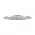 Mauviel stainless steel flat lid for pots and pans, durable cookware cover with polished finish and ergonomic handle.