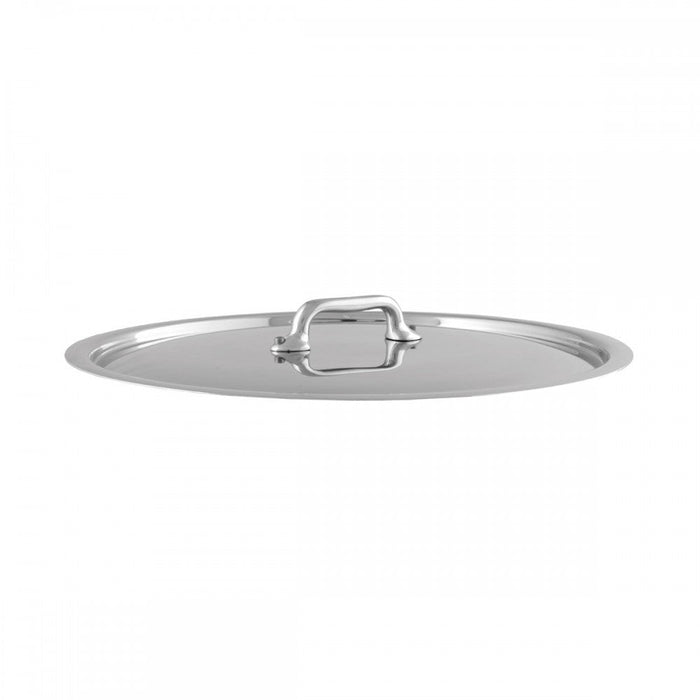 Mauviel stainless steel flat lid for pots and pans, durable cookware cover with polished finish and ergonomic handle.