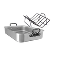 Mauviel stainless steel roasting pan with rack and cast iron handles, 15.7-inch size, ideal for roasting meats and vegetables