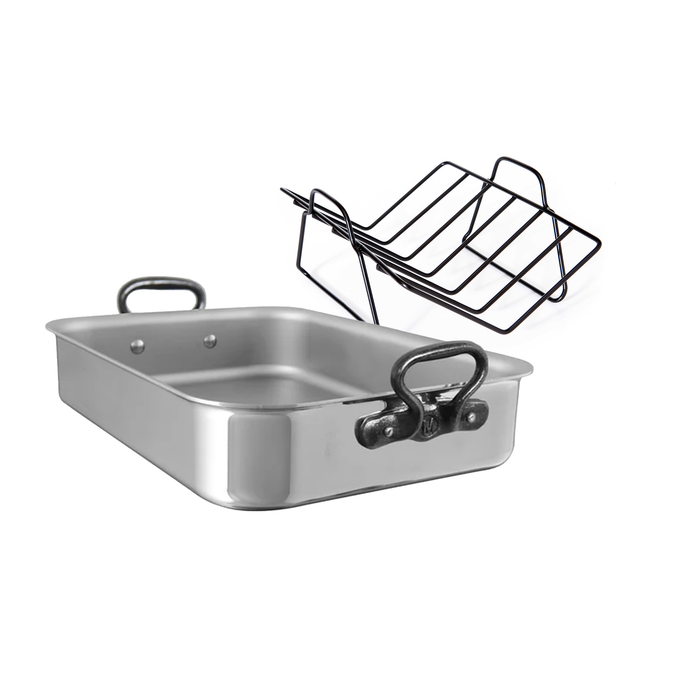 Mauviel stainless steel roasting pan with rack and cast iron handles, 15.7-inch size, ideal for roasting meats and vegetables