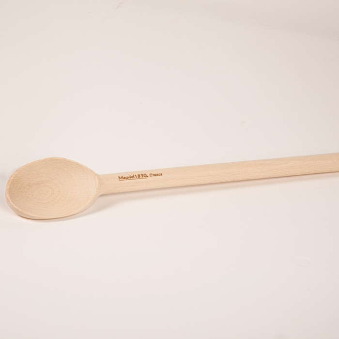 Mauviel 14-inch wooden spoon with smooth handle and rounded bowl, ideal for cooking and stirring in the kitchen.