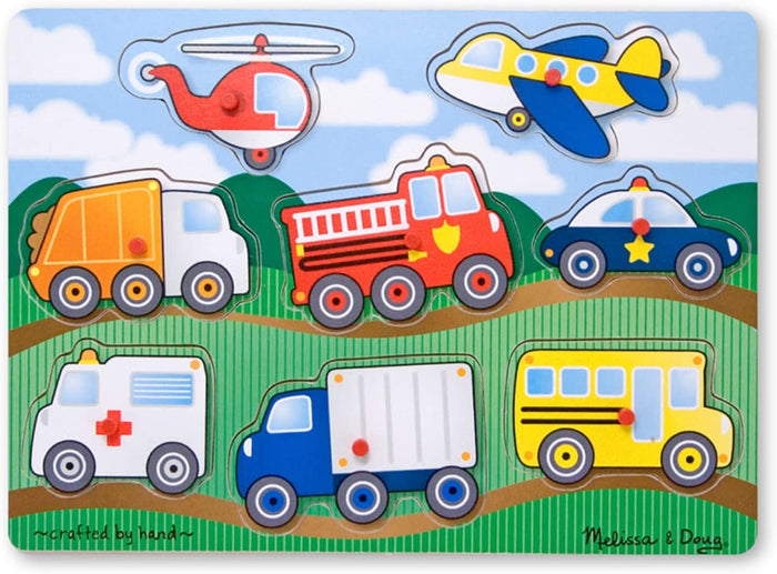Melissa and Doug Fresh Start Wooden Peg Puzzle Vehicles (8 pcs) Ages 2+ Item # 1874