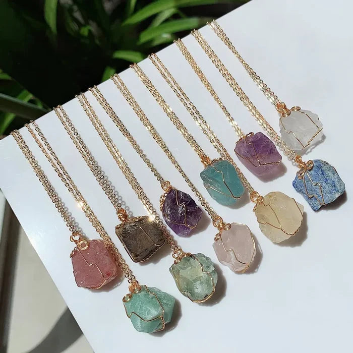 Natural Crystal Pendant Necklace | Wire-Wrapped Healing Stone on Gold Chain