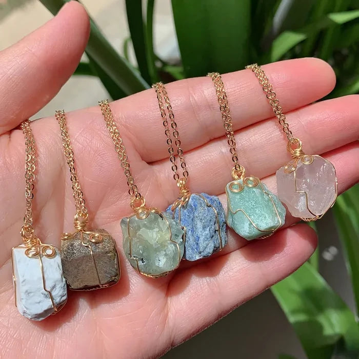 Natural Crystal Pendant Necklace | Wire-Wrapped Healing Stone on Gold Chain
