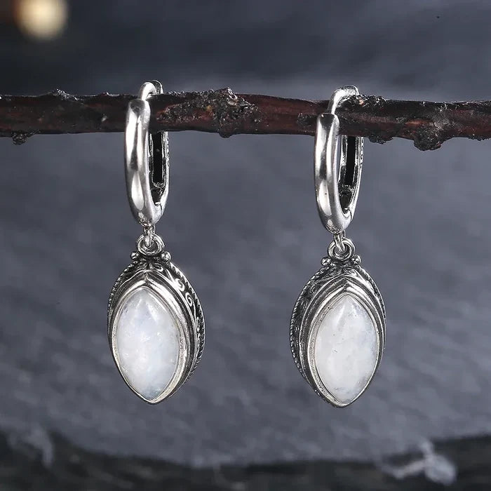 Natural Moonstone Drop Earrings | Silver Plated | Boho Ethnic Dangle