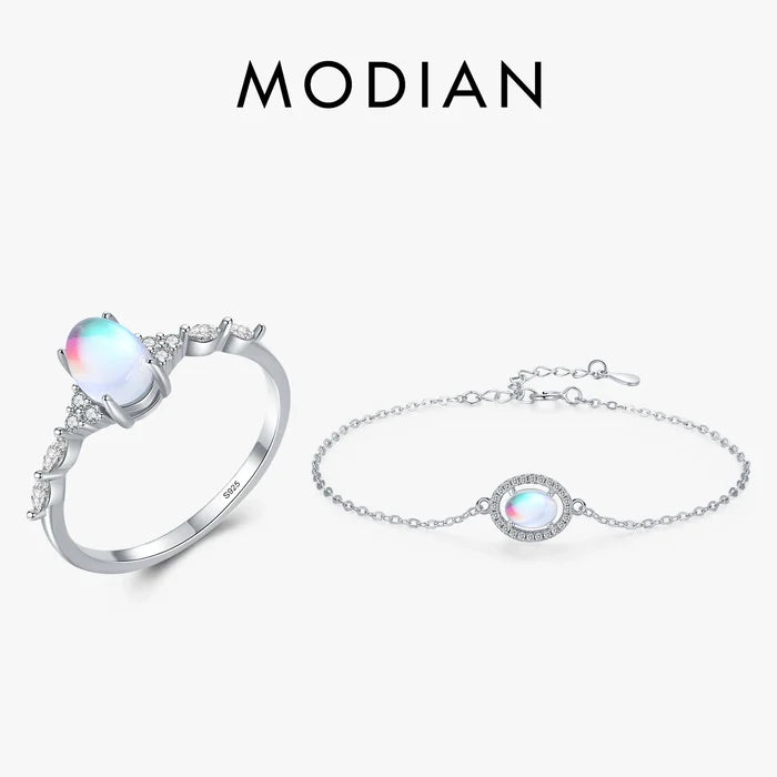 Natural Moonstone Jewelry Set | 925 Sterling Silver | Oval Ring & Charm Bracelet