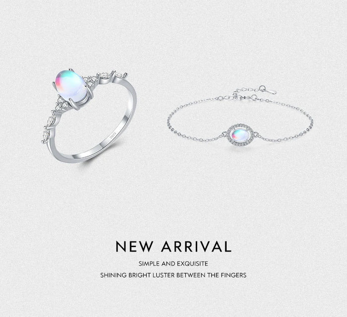 Natural Moonstone Jewelry Set | 925 Sterling Silver | Oval Ring & Charm Bracelet