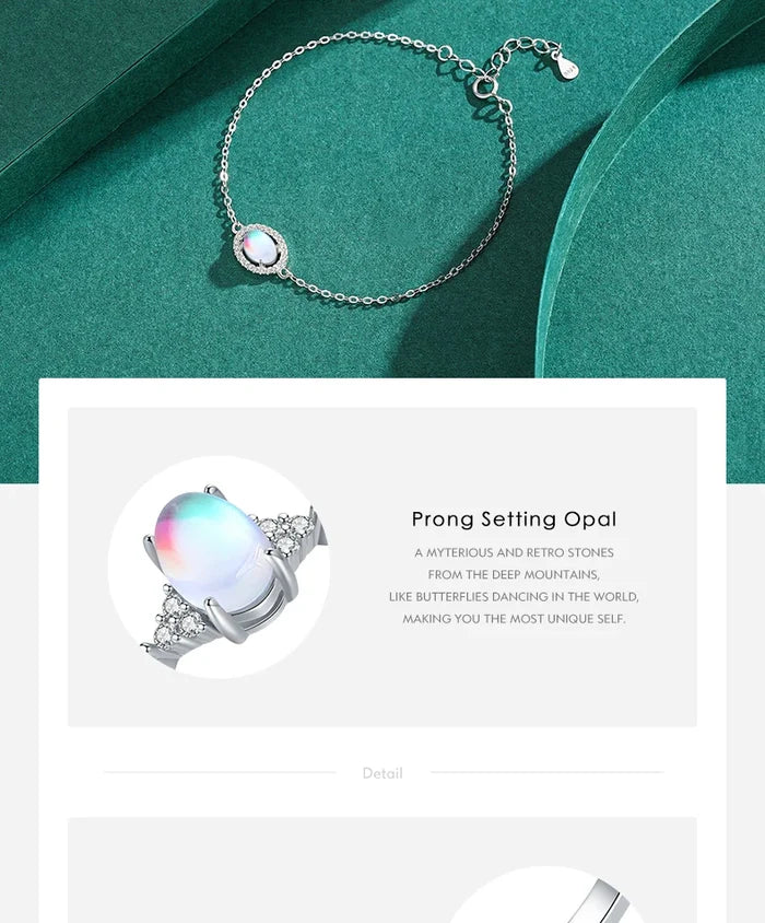 Natural Moonstone Jewelry Set | 925 Sterling Silver | Oval Ring & Charm Bracelet