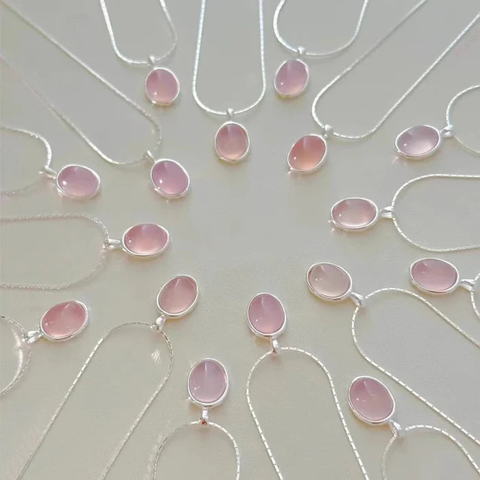 Pink Crystal Zircon Pendant Necklace | 925 Sterling Silver | Oval Collarbone Chain