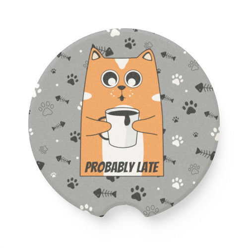 "Probably Late" Cat Car Coaster — Big-Eyed Coffee Cat Soapstone Cup Holder Insert