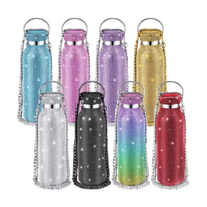 Rhinestone Glitter Water Bottle with Chain Strap | Bling Insulated Tumbler