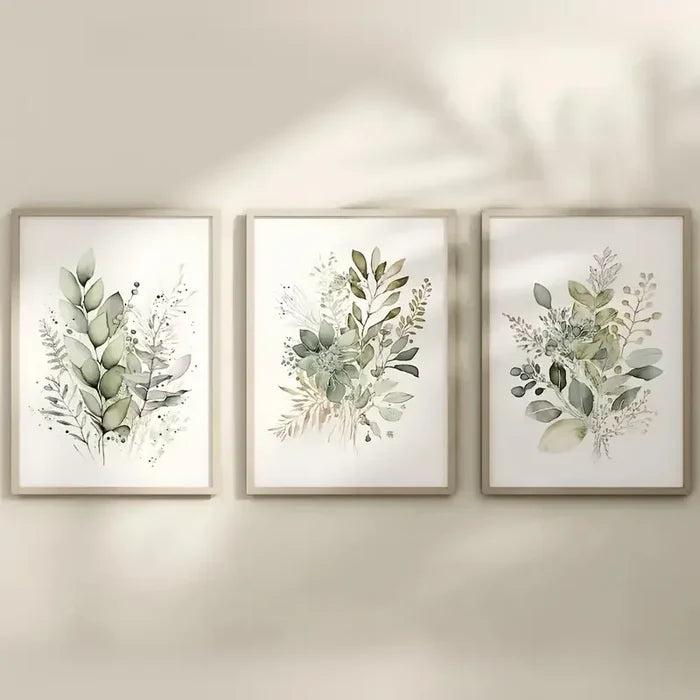 Watercolor Botanical Canvas Print — 3-Piece Sage Green & Beige Set