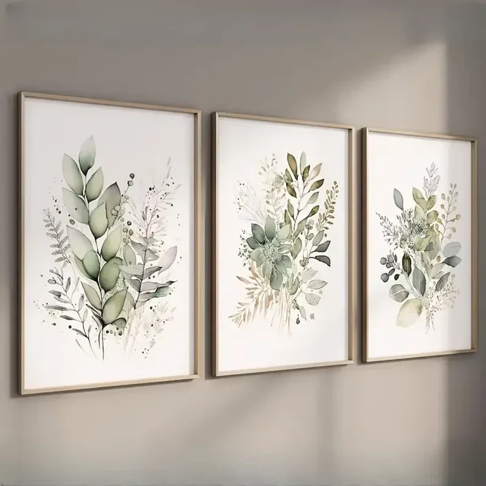 Watercolor Botanical Canvas Print — 3-Piece Sage Green & Beige Set