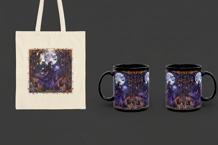 Witchy Moonlight Set — Gothic Witch Crystal Ball Full Moon Mug & Tote Bag Bundle