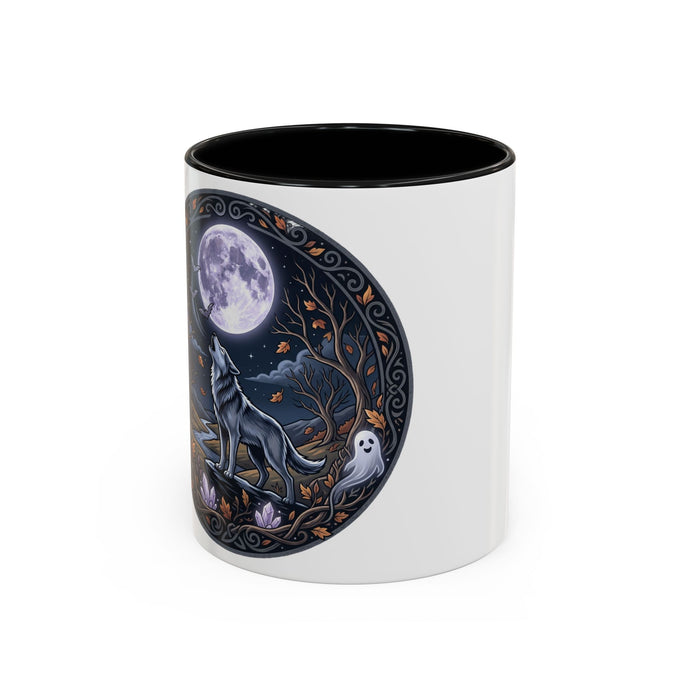 Wolf Moon Accent Coffee Mug — Howling Wolf Full Moon Night Forest Gothic Design