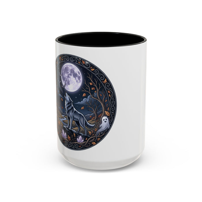 Wolf Moon Accent Coffee Mug — Howling Wolf Full Moon Night Forest Gothic Design