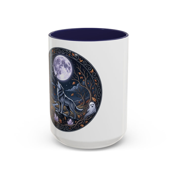 Wolf Moon Accent Coffee Mug — Howling Wolf Full Moon Night Forest Gothic Design