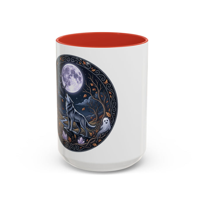 Wolf Moon Accent Coffee Mug — Howling Wolf Full Moon Night Forest Gothic Design